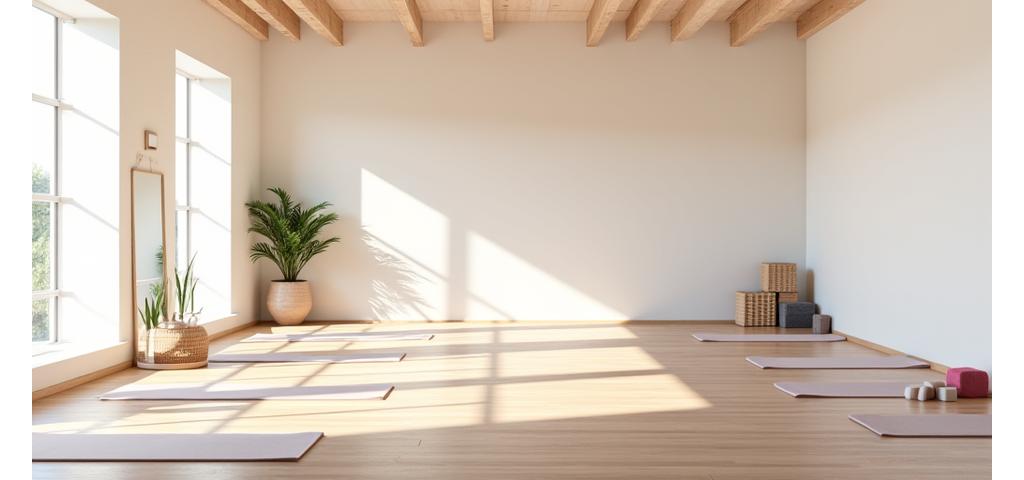 Salle de pratique spacieuse avec tapis de yoga et lumière naturelle