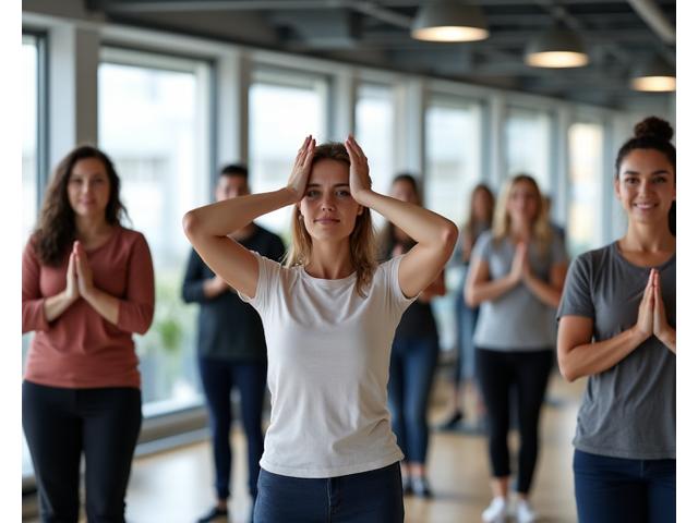 Employés pratiquant la pleine conscience ou le yoga léger dans un cadre de bureau moderne, bénéficiant du programme Corporate Wellness
